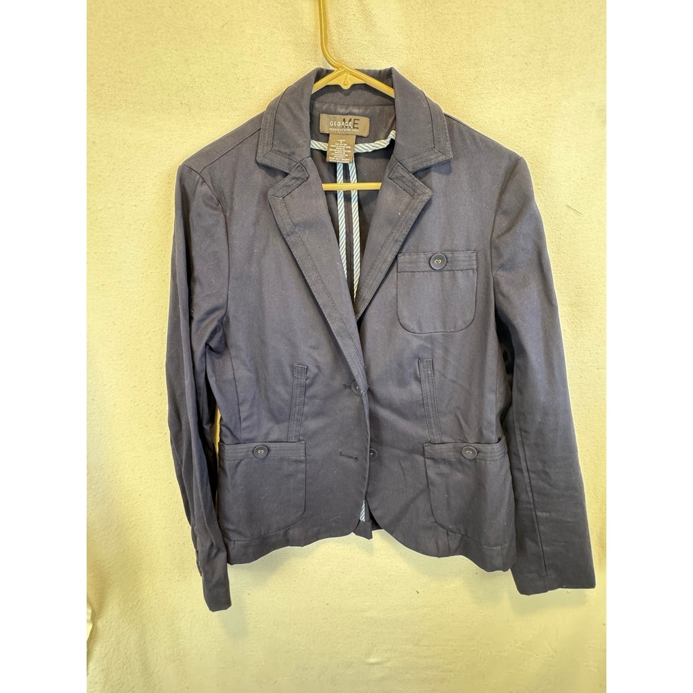 George ME Blazer Navy Blue Mark Eisen Cotton Stretch Two Button Jacket Womens L